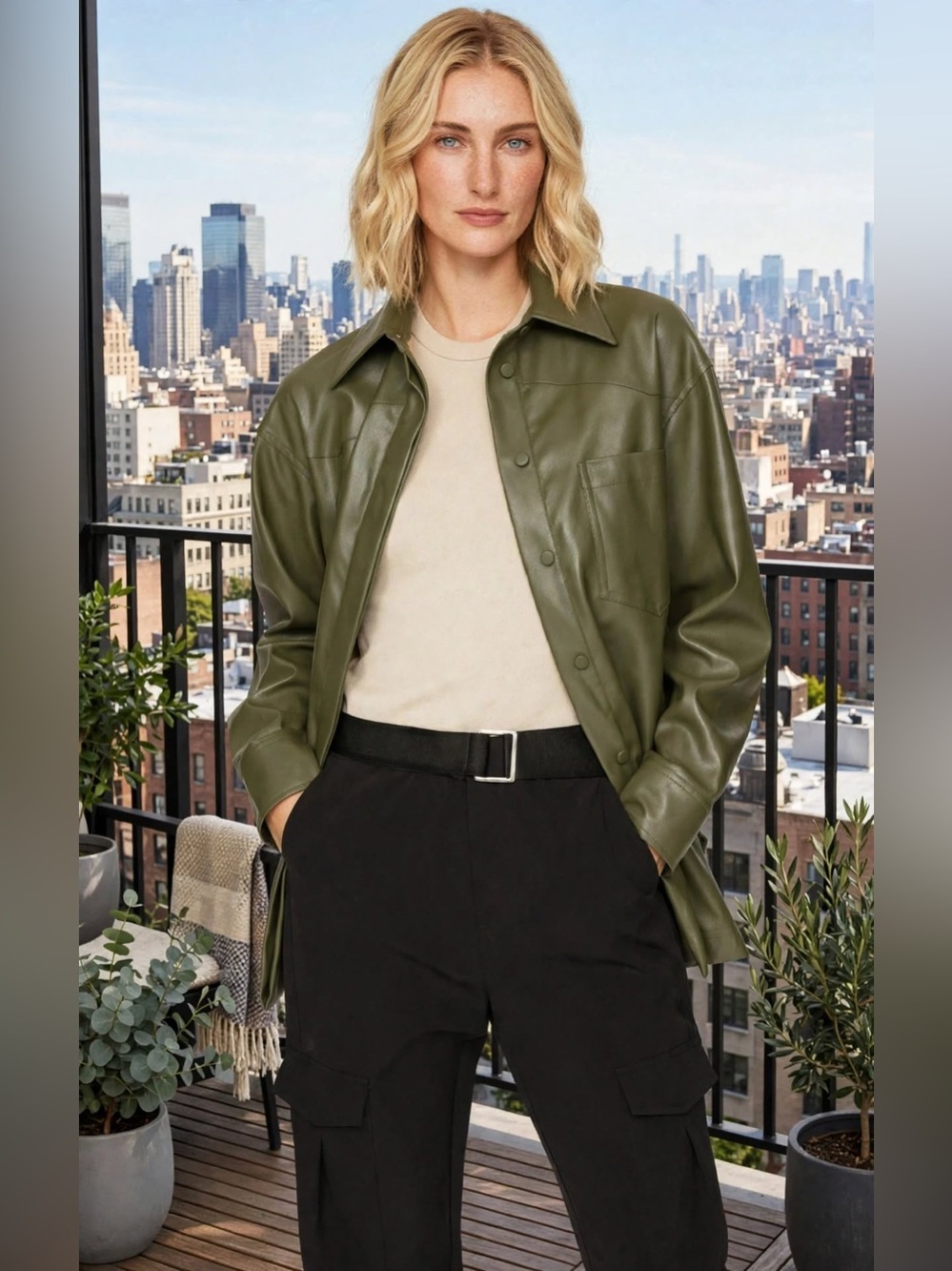 Nicholas Aretha Olive green faux leather Shacket size 8